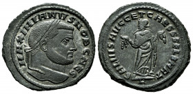 Galerius Maximian. Follis. 293-305 AD. Carthage. (Ric-30b). Anv.: MAXIMIANVS NOB CAES. Laureate head right. Rev.: SALVIS AVGG ET CAESS FEL KART. Carth...