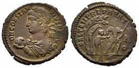 Constantius II. Centenionalis. 348-350 AD. Rome. (Ric-VIII 156). Anv.: D N CONSTANTIVS P F AVG. Pearl-diademed, draped, and cuirassed bust left, holdi...