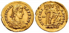Honorius. Solidus. 394-395 AD. Mediolanum. (Ric-IX 35c = X 1206a). (Depeyrot-16/2). Anv.: D N HONORIVS P F AVG, pearl-diademed, draped and cuirassed b...