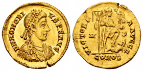 Honorius. Solidus. 394-395 AD. Mediolanum. (Ric-1206a). (Depeyrot-16/2). Anv.: D N HONORIVS P F AVG, pearl-diademed, draped and cuirassed bust to righ...