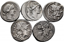 Lot of 5 different denarii of the Roman Republic. TO EXAMINE. Choice F/Almost VF. Est...150,00. 

Spanish Description: Lote de 5 denarios diferentes...