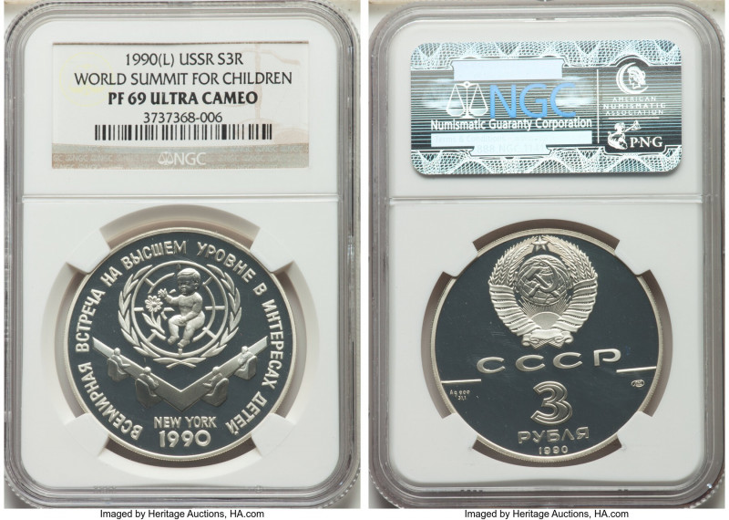 10-Piece Lot of Certified Proof 3 Roubles Ultra Cameo NGC, 1) USSR "World Summit...
