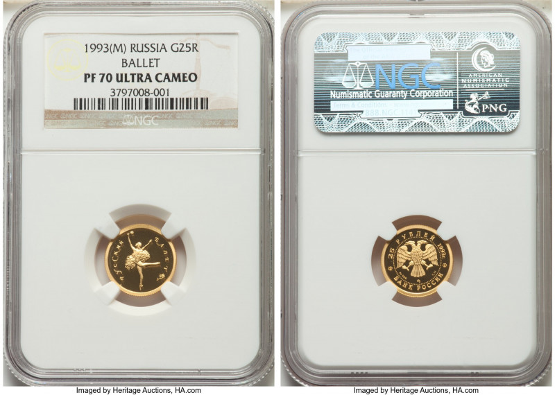 Russian Federation gold Proof "Ballet" 25 Roubles 1993-(m) PR70 Ultra Cameo NGC,...