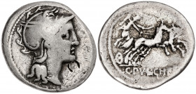 (hacia 110-109 a.C.). Gens Claudia. Denario. (Bab. 1) (Craw. 300/1). Contramarca en anverso. 3,55 g. BC/BC+.