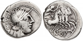 (hacia 123 a.C.). Gens Fannia. Denario. (Bab. 1) (Craw. 275/1). Cospel irregular. 3,79 g. BC.
