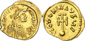 Constantino IV (668-685). Constantinopla. Semissis. (Ratto 1670 var) (S. 1161). Hoja en anverso. 2,23 g. MBC/MBC+.