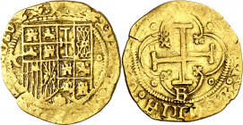 s/d. Juana y Carlos. Burgos. 1 escudo. (AC. 175). Rara. 3,28 g. MBC-.