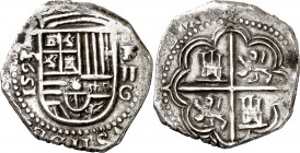 1593. Felipe II. Granada. F. 2 reales. (AC. 324). Limpiada. Buen ejemplar. 6,49 g. MBC+.
