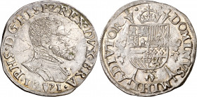 1571. Felipe II. Amberes. 1/5 de escudo felipe. (Vti. 857) (Vanhoudt 306.AN). Plata ligeramente agria. Buen ejemplar. 6,75 g. MBC+.