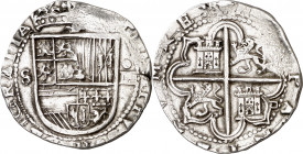 s/d. Felipe II. Sevilla. . 4 reales. (AC. 576). Limpiada. Buen ejemplar. 13,72 g. MBC+.