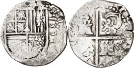 1591/0. Felipe II. (Sevilla). (H). 4 reales. (AC. 584). Ceca y ensayador no visibles. Recortada. 10,57 g. BC+.