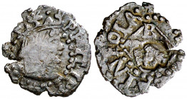 s/d. Felipe III. Banyoles. 1 diner. (AC. 7) (Cru.C.G. 3661). Contramarca: cabeza de fraile, en reverso, realizada en 1605. Escasa así. 0,46 g. (EBC-)....