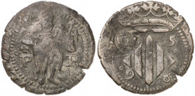 1598. Felipe III. Perpinyà. Doble sou. (AC. 51) (Cru.C.G. 3806a). Contramarca: cabeza de San Juan, realizada en 1603. 2,99 g. MBC-.