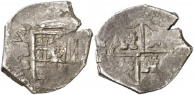 (16)04. Felipe III. Sevilla. B. 2 reales. (AC. 663). Tipo "OMNIVM". Fecha en reverso. Escasa. 6,91 g. BC+.