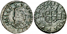 1661. Felipe IV. MD (Madrid). A. 8 maravedís. (AC. 356). Orla lineal interior en anverso y reverso. Muy escasa. 2,01 g. MBC.