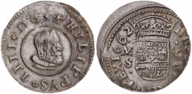 1662. Felipe IV. M (Madrid). S. 16 maravedís. (AC. 468). Reverso parcialmente acuñado en anverso. Valor al revés. 4,06 g. MBC.