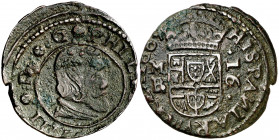 1664. Felipe IV. M (Madrid). BR. 16 maravedís. (AC. 482). Algo descentrada. Rara. 4,62 g. MBC-/MBC.