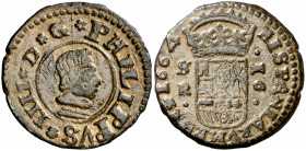 1664. Felipe IV. Sevilla. R. 16 maravedís. (AC. 498). después de REX, rectificada sobre un 1. 4 g. MBC/MBC+.