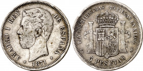 1871*1873. Amadeo I. DEM. 5 pesetas. (AC. 3). Escasa. 24,71 g. BC+.
