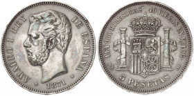 1871*1874. Amadeo I. DEM. 5 pesetas. (AC. 5). Golpecitos. 24,76 g. MBC+.