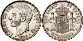1883*1883. Alfonso XII. MSM. 5 pesetas. (AC. 55). Limpiada. Leves golpecitos. Buen ejemplar. 24,88 g. MBC+.