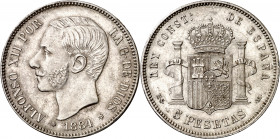 1884*1884. Alfonso XII. MSM. 5 pesetas. (AC. 57). Leves marquitas. Buen ejemplar. 24,82 g. EBC-.