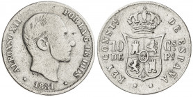 1881. Alfonso XII. Manila. 10 centavos. (AC. 94). 2,44 g. BC/BC+.