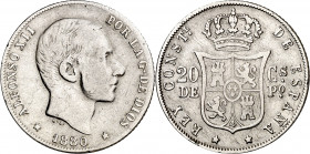 1880. Alfonso XII. Manila. 20 centavos. (AC. 103). Rara. 5,08 g. BC/BC+