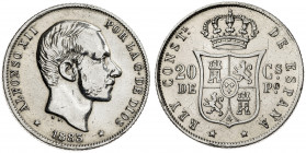 1883. Alfonso XII. Manila. 20 centavos. (AC. 109). Pulida. 5,07 g. (MBC-/MBC).