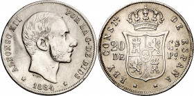 1884. Alfonso XII. Manila. 20 centavos. (AC. 110). Limpiada. 5,07 g. MBC.