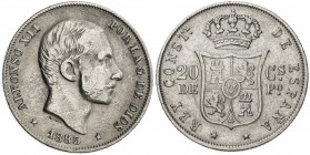 1885. Alfonso XII. Manila. 20 centavos. (AC. 111). 5 g. BC+/MBC-.