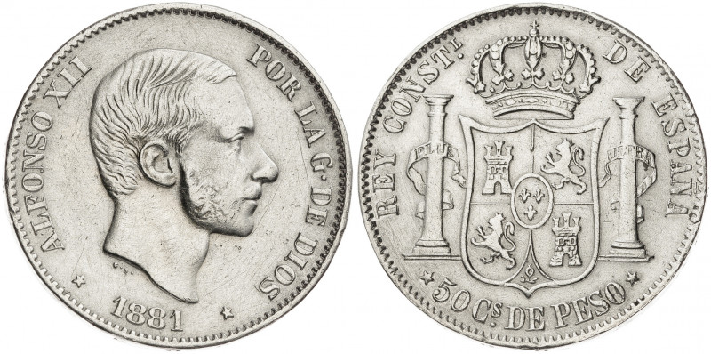 1881. Alfonso XII. Manila. 50 centavos. (AC. 114). Limpiada. 12,74 g. MBC-.