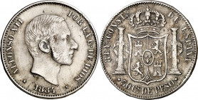 1884. Alfonso XII. Manila. 50 centavos. (AC. 121). Oxidaciones limpiadas. Muy escasa. 12,55 g. (MBC-/BC+).