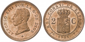 1911*11. Alfonso XIII. Madrid. PCV. 2 céntimos. (AC. 13). Brillo original. 2,05 g, S/C.