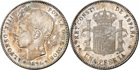 1896*1896. Alfonso XIII. PGV. 1 peseta. (AC. 56). Insignificantes rayitas. Bellísima pátina. Escasa así. 5,05 g. S/C-.