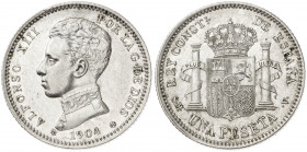 1904*194. Alfonso XIII. SMV. 1 peseta. (AC. 69). El 0 partido. 4,99 g. EBC-.