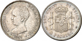 1891*1891. Alfonso XIII. PGM. 2 pesetas. (AC. 84). Mínimas manchitas. Parte de brillo original. Escasa así. 9,96 g. EBC-/MBC+.
