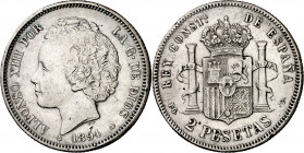 1894*1894. Alfonso XIII. PGV. 2 pesetas. (AC. 86). Golpecitos. Escasa. 9,92 g. MBC-.