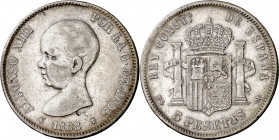 1888*1-88. Alfonso XIII. MSM. 5 pesetas. (AC. 89). Golpecito. Muy rara. 24,59 g. MBC-.