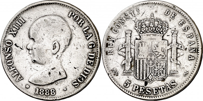 1888*--88. Alfonso XIII. MSM. 5 pesetas. (Barrera 1250). Falsa de época en plata...