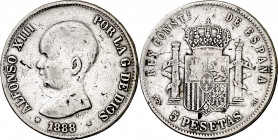 1888*--88. Alfonso XIII. MSM. 5 pesetas. (Barrera 1250). Falsa de época en plata con 19 barras en el escudete. Rara. 24,56 g. BC.