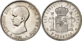1891*1891. Alfonso XIII. PGM. 5 pesetas. (AC. 98). Limpiada. 25 g. MBC-/MBC.
