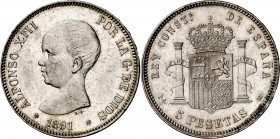 1891*1891. Alfonso XIII. PGM. 5 pesetas. (AC. 98). Leves marquitas. Bella. 24,99 g. EBC-/EBC.