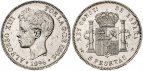 1896*1896. Alfonso XIII. PGV. 5 pesetas. (AC. 106). Rayitas. 24,94 g. MBC+.
