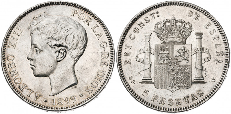 1899*1899. Alfonso XIII. SGV. 5 pesetas. (AC. 110). Leves rayitas. 24,76 g. EBC/...