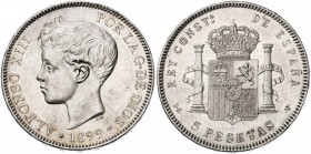 1899*1899. Alfonso XIII. SGV. 5 pesetas. (AC. 110). Leves rayitas. 24,76 g. EBC/EBC+.