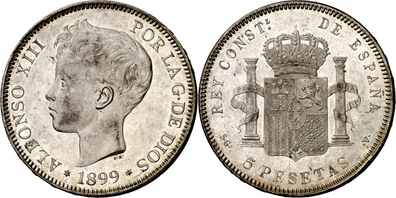 1899*1899. Alfonso XIII. SGV. 5 pesetas. (AC. 110). Bella. Brillo original. 25,2...
