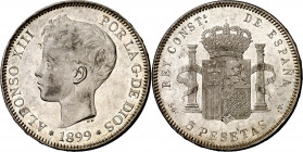 1899*1899. Alfonso XIII. SGV. 5 pesetas. (AC. 110). Bella. Brillo original. 25,26 g. EBC+.