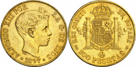 1897*1897. Alfonso XIII. SGV. 100 pesetas. (AC. 119). Golpecitos y rayitas. Rara. 32,21 g. MBC+.