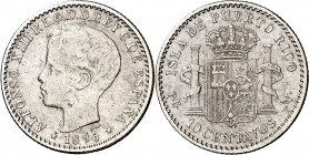 1896. Alfonso XIII. Puerto Rico. PGV. 10 centavos. (AC. 126). Escasa. 2,46 g. MBC-.